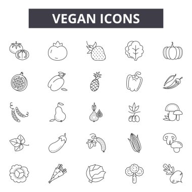Vegan çizgi simgeleri, işaretler seti, vektör. Vegan anahat kavramı, illüstrasyon: yaprak, gıda, organik, eko, vegan, vejetaryen, sağlık, doğal