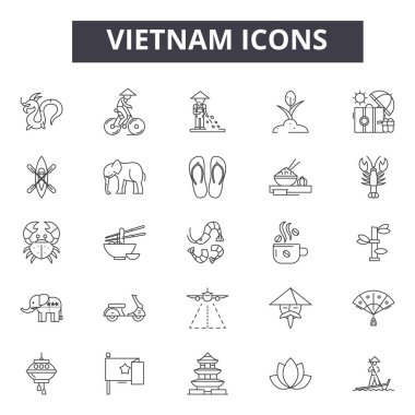 Vietnam çizgi simgeleri, işaretler seti, vektör. Vietnam anahat kavramı, illüstrasyon: vietnam, seyahat, turizm, vietnamca, şehir, asya