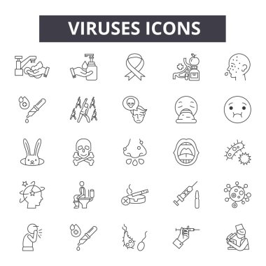 Virüsler satır simgeleri, işaretler seti, vektör. Virüsler anahat kavramı, illüstrasyon: virüs, biyoloji, izole, tıbbi, tasarım
