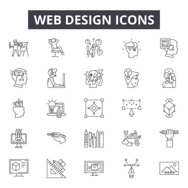 Web tasarım çizgisi simgeleri, işaretler seti, vektör. Web tasarım anahat kavramı, illüstrasyon: web, teknoloji, dedevelopment, web sitesi, bilgisayar, iş