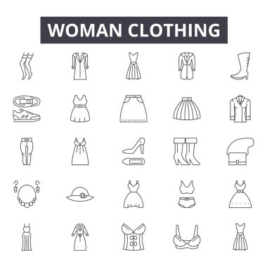 Kadın giyim markası simgeleri, tabelalar, vektör. Kadın giyim konsepti, illüstrasyon: moda, elbise, iç çamaşırı, gömlek, koleksiyon