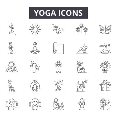 Yoga çizgisi simgeleri, işaretler, vektör. Yoga anahatları, illüstrasyon: yoga, vücut, egzersiz, sağlık, rahatlama, fitness, yaşam tarzı, spor, meditasyon