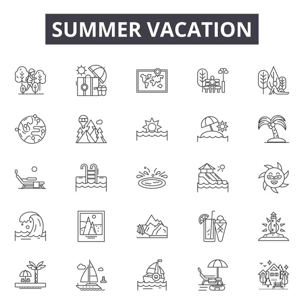 Yaz tatili çizgi simgeleri, işaretler seti, vektör. Yaz tatili anahat kavramı, illüstrasyon: yaz, tatil, seyahat, plaj, kamera, güneş, tatil