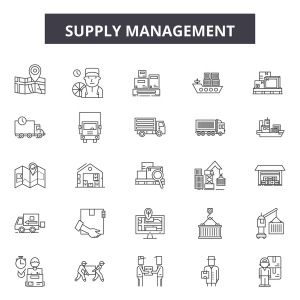 Supply Management linje ikoner, skyltar, vektor. Supply Management disposition koncept, illustration: Business, Management, Supply, industri, lager, leverans, kedja — Stock vektor