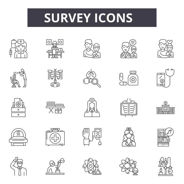 Survey line icons, signs set, vector. Survey outline concept, illustration: survey,business,feedback,report,test,questionnaire,check — Stock Vector