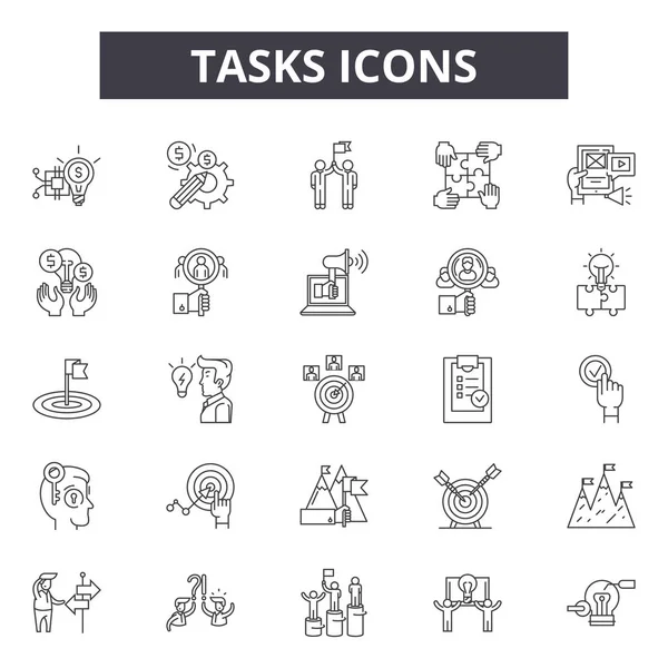 Tareas iconos de línea, signos establecidos, vector. Concepto de esquema de tareas, ilustración: tarea, negocio, portapapeles, lista, verificación, lista de verificación — Vector de stock