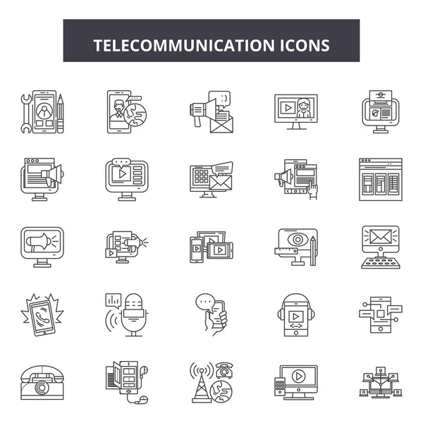 Iconos de línea de telecomunicaciones, conjunto de signos, vector. Concepto de esquema de telecomunicaciones, ilustración: inalámbrico, comunicación, internet, tecnología, conexión, red, radio — Vector de stock