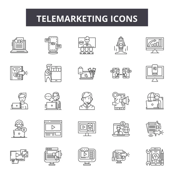 Iconos de línea de telemarketing, conjunto de signos, vector. Concepto de esquema de telemarketing, ilustración: telemarketing, llamada, soporte, cliente, operador, ayuda, servicio, teléfono, centro — Vector de stock