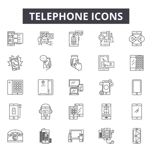 Iconos de línea telefónica, letreros, vector. Concepto de esquema telefónico, ilustración: teléfono, teléfono, comunicación, llamada, soporte, móvil, contacto — Vector de stock