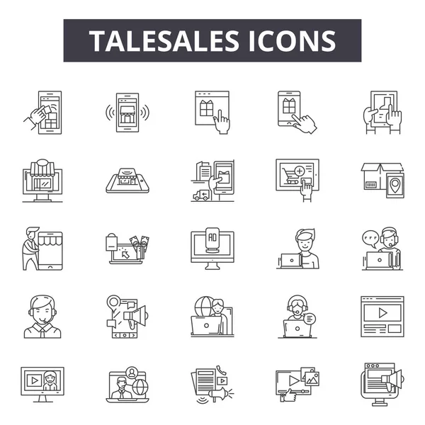 Telesales satır simgeleri, işaretler seti, vektör. Telesales anahat kavramı, illüstrasyon: telesales, telefon, iş, satış, destek, hizmet, iletişim, pazarlama