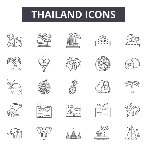 Tayland çizgi simgeleri, işaretler seti, vektör. Tayland anahat kavramı, illüstrasyon: seyahat, tayland, tapınak, tayland, bangkok, buda, mimarlık, turizm