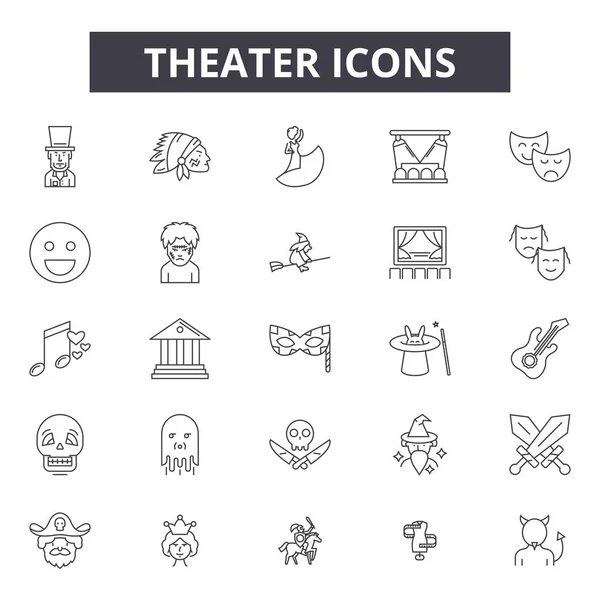 Iconos de línea de teatro, signos establecidos, vector. Esquema del teatro concepto, ilustración: teatro, entretenimiento, demáscara, aislado, juego — Vector de stock