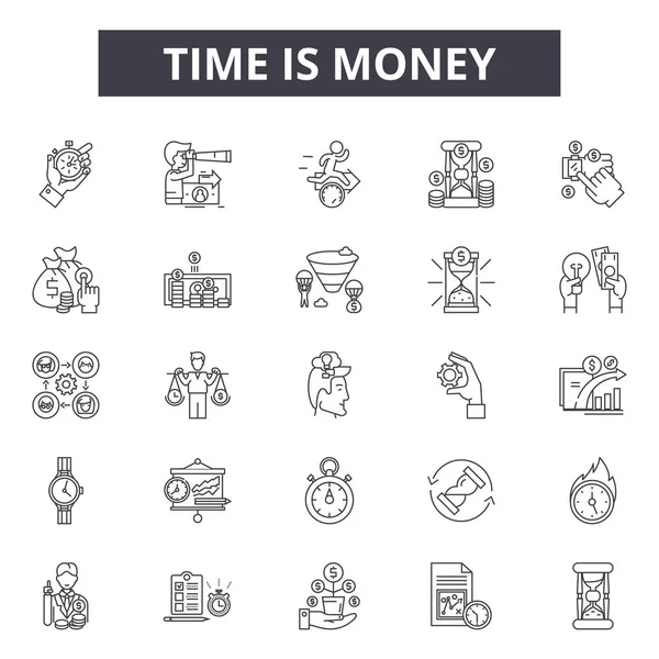 El tiempo es iconos de línea de dinero, signos establecidos, vector. El tiempo es el concepto del esquema del dinero, ilustración: dinero, tiempo, finanzas, negocio, inversión, banco, efectivo — Vector de stock