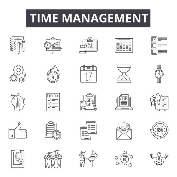 시간 관리 선 아이콘, 표지판 세트, 벡터입니다. 시간 관리 개요 개념, 그림 : 시간, 시계, 관리, 일정, 사업, 개념 — 스톡 벡터