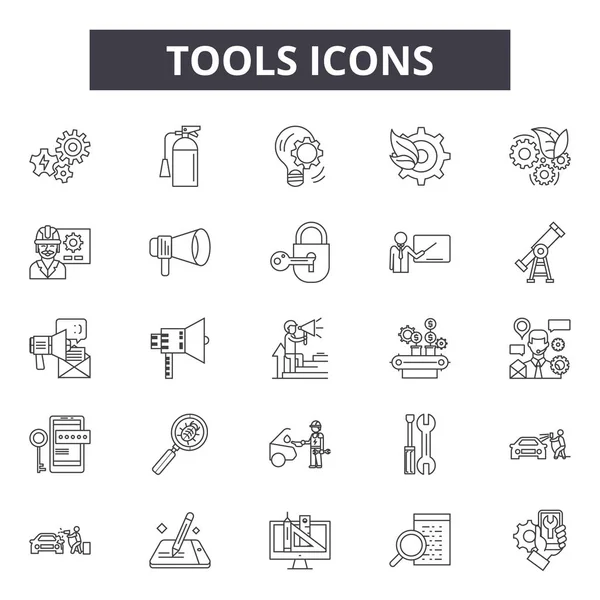 Outils ligne icônes, signes ensemble, vecteur. Concept de contour des outils, illustration : clé, réparation, clé, travail, industrie, outil — Image vectorielle