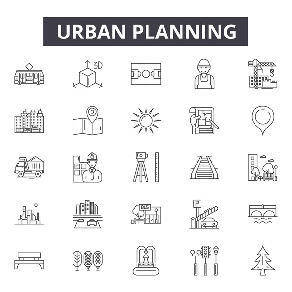 Stadsplanering linje ikoner, skyltar, vektor. Stadsplanering disposition koncept, illustration: plan, Urban, dearchitecture, stad, konstruktion, byggnad — Stock vektor
