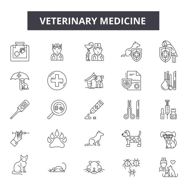 獣医の医学のラインのアイコン、標識セット、ベクトル。獣医医学概要概念、イラスト:獣医、犬、医学、動物、ケア、健康、猫、子犬 — ストックベクタ