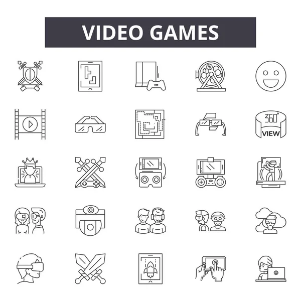 Иконки линий видеоигр, набор знаков, вектор. Концепция видеоигр, иллюстрация: игра, видео, компьютер, игра, контроллер, технология, набор — стоковый вектор