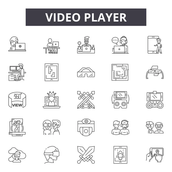 Videoplayer-Zeilensymbole, eingestellte Zeichen, Vektor. Videoplayer skizzieren Konzept, Illustration: Video, Medien, Player, Web, Internet, Multimedia, Schaltfläche, Design — Stockvektor