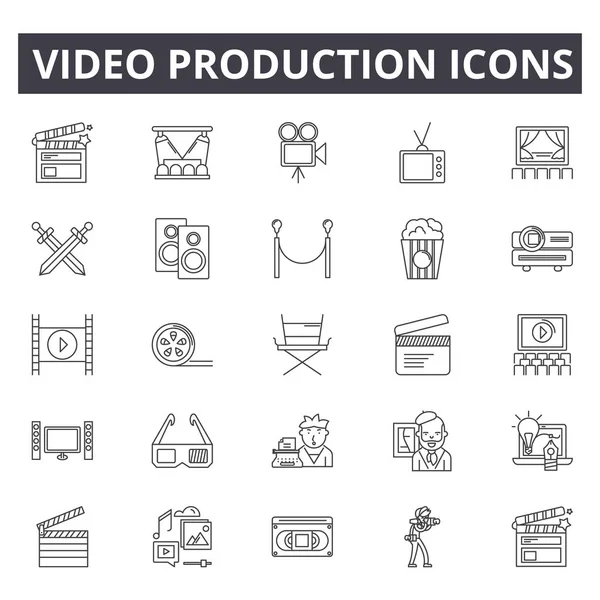 ビデオ制作ラインのアイコン、標識セット、ベクトル。映像制作概要コンセプト、イラスト:映像、フィルム、カメラ、プロダクション、ムービー、メディア — ストックベクタ