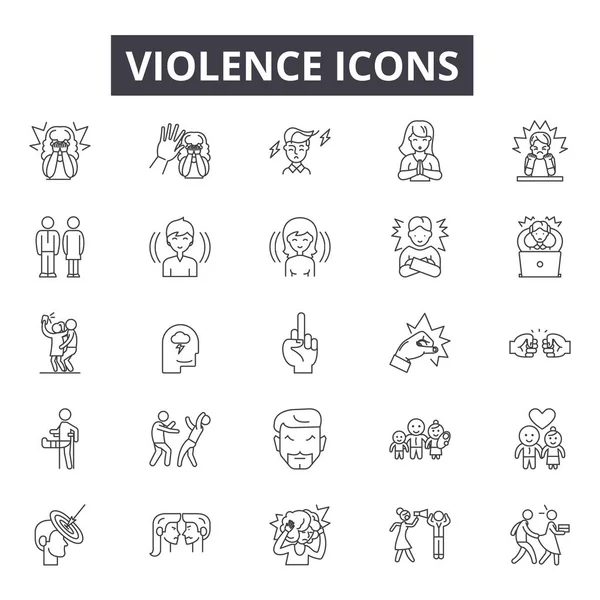 Iconos de línea de violencia, letreros, vector. Concepto de esquema de violencia, ilustración: violencia, crimen, personas, mano, abuso — Vector de stock