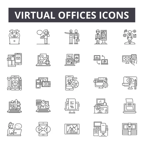 Oficinas virtuales línea de iconos, signos de conjunto, vector. Concepto de esquema de oficinas virtuales, ilustración: oficina, negocio, tecnología, internet, virtual, trabajo, computadora, web, comunicación — Vector de stock