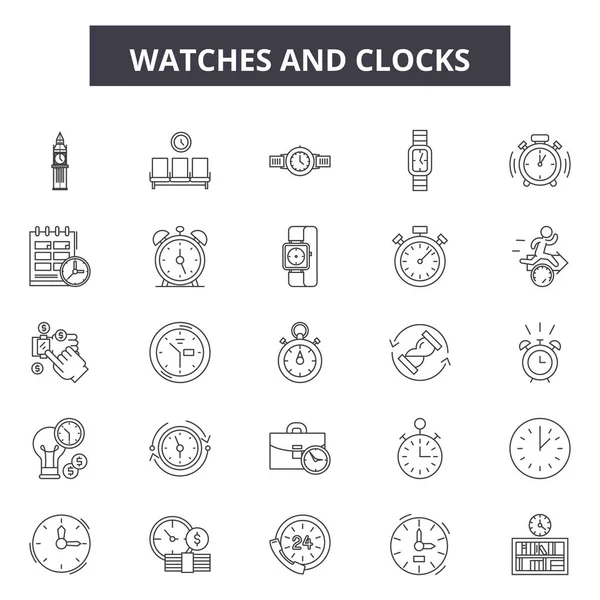 Relojes y relojes de línea de iconos, signos de conjunto, vector. Concepto de contorno de relojes y relojes, ilustración: reloj, hora, reloj, hora, minuto, temporizador — Vector de stock