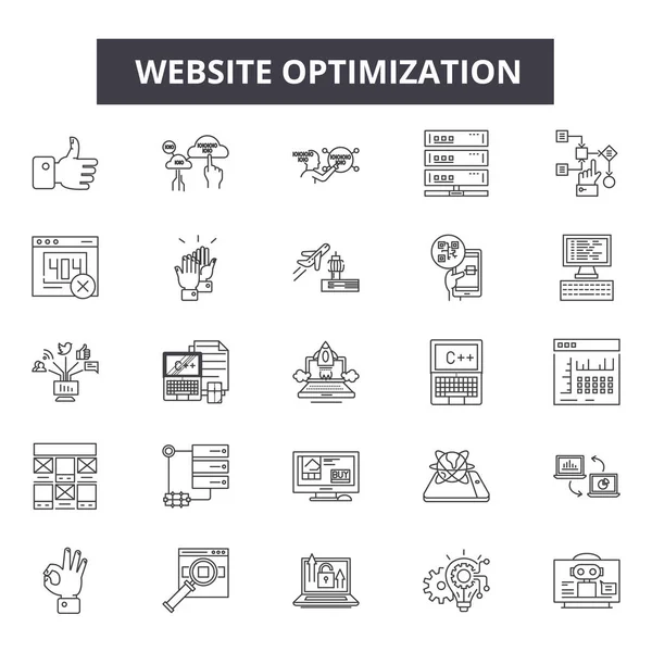 Web sitesi optimizasyonu satır simgeleri, işaretler seti, vektör. Web sitesi optimizasyonu anahat kavramı, illüstrasyon: seo, pazarlama, optimizasyon, web sitesi, iş, deweb, internet — Stok Vektör