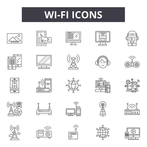 Iconos de línea Wi Fi, signos establecidos, vector. Concepto de esquema Wi-Fi, ilustración: móvil, inalámbrico, tecnología, internet, web, spot, wi-fi — Vector de stock
