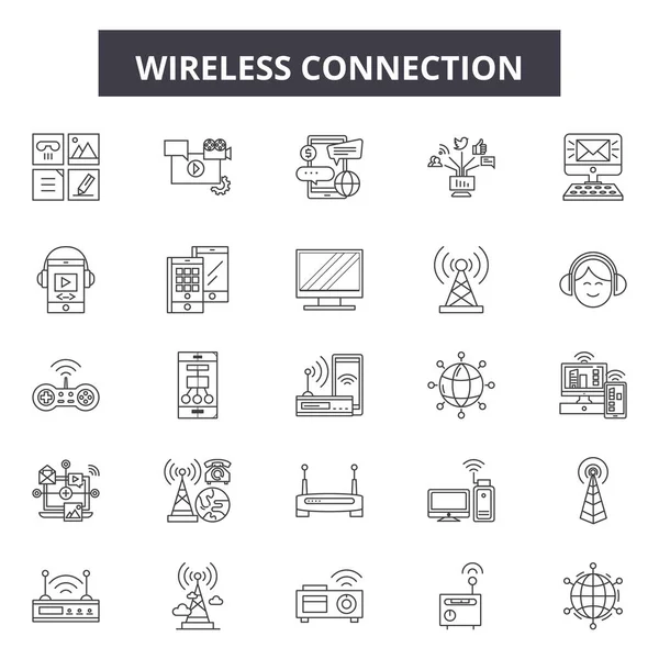 Ikony bezprzewodowych łączy, zestaw znaków, wektor. Koncepcja konturu połączenia bezprzewodowego, ilustracja: bezprzewodowe, sieciowe, komunikacyjne, internetowe, internetowe, technologiczne, połączeniowe — Wektor stockowy