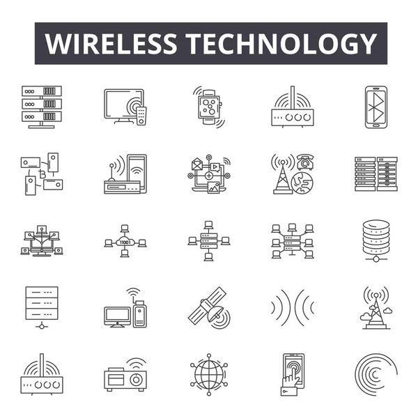 Kablosuz teknoloji çizgisi simgeleri, işaretler, vektör. Kablosuz teknoloji özet kavramı, illüstrasyon: teknoloji, kablosuz, bilgisayar, iletişim, bilgi, ağ, internet, bağlantı — Stok Vektör