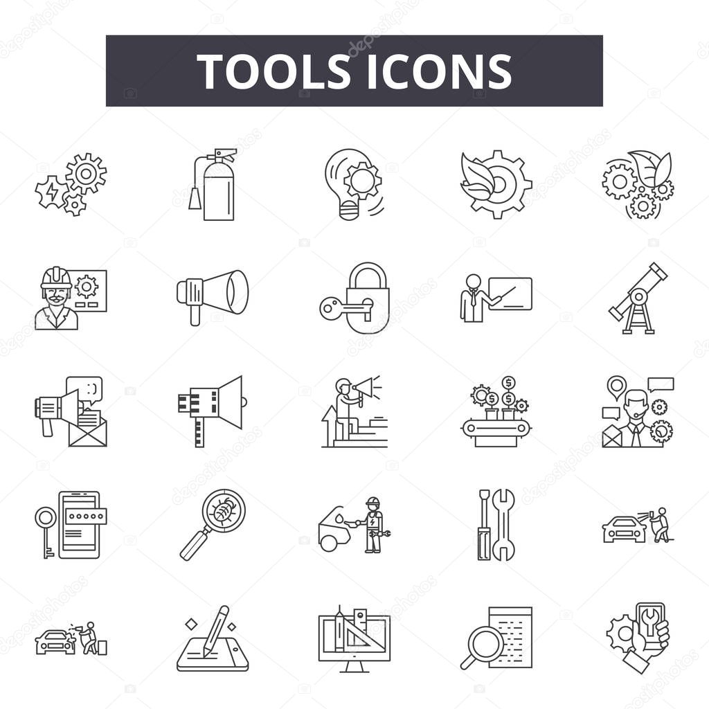 Tools line icons, signs set, vector. Tools outline concept, illustration: spanner,repair,wrench,work,industry,tool