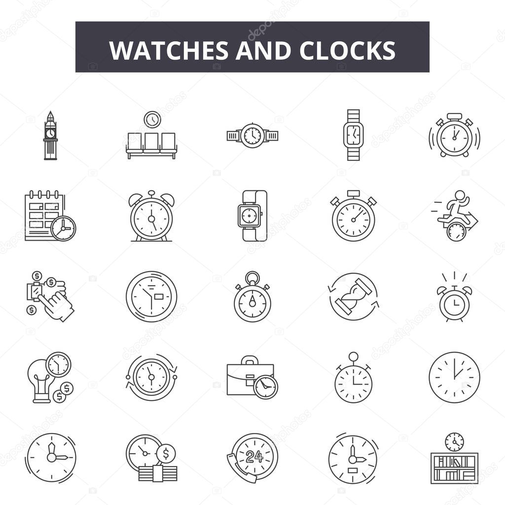Watches and clocks line icons, signs set, vector. Watches and clocks outline concept, illustration: watch,time,clock,hour,minute,timer