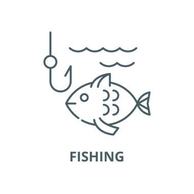 Balıkçılık vektör çizgi simgesi, doğrusal kavram, anahat işareti, sembol