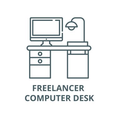 Freelancer bilgisayar masası vektör satırı simgesi, doğrusal kavram, anahat işareti, sembol