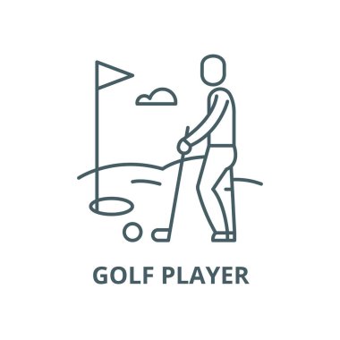 Golf oyuncu vektör çizgi simgesi, doğrusal kavram, anahat işareti, sembol