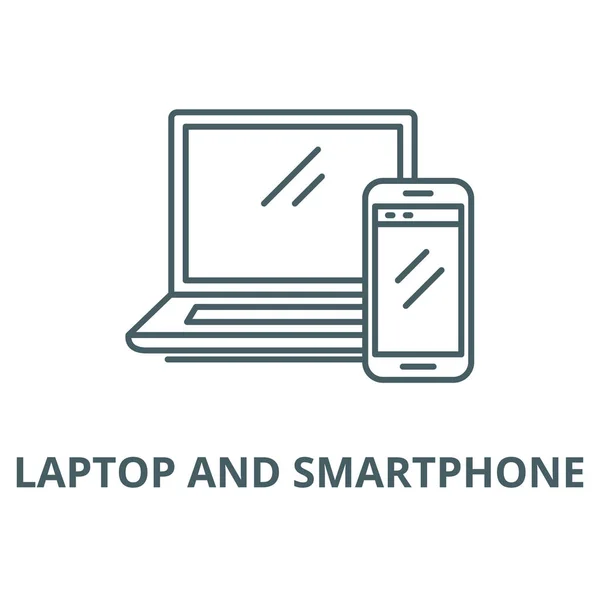 Laptop und Smartphone Vektor Line Icon, lineares Konzept, Umrisszeichen, Symbol — Stockvektor