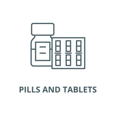 Pills and tablets and bottle vector line icon, linear concept, outline sign, symbol clipart