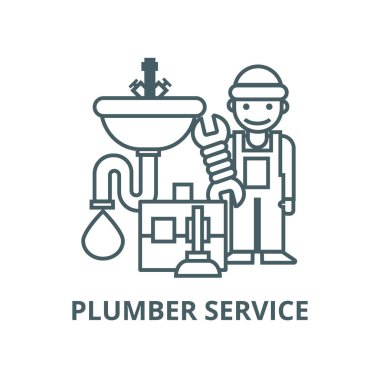Tesisatçı servisi, araçlar, lavabo vektör çizgisi simgesi, doğrusal kavram, anahat işareti, sembol