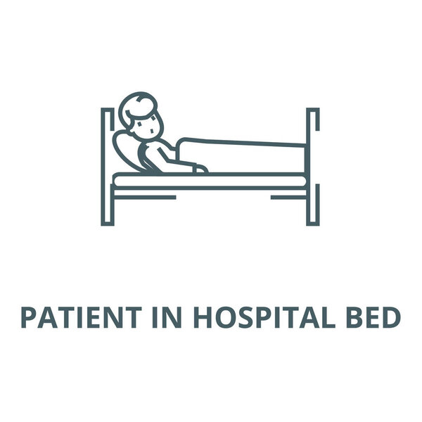Пациент в больнице кровать векторной линии значок, линейная концепция, контур знак, символ
