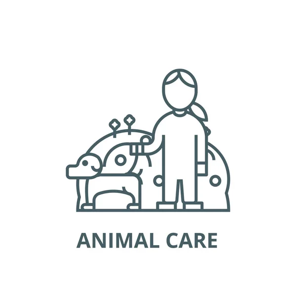 Haustierpflege, Hund mit Frau, Tierpflege Vektor Liniensymbol, lineares Konzept, Umrisszeichen, Symbol — Stockvektor