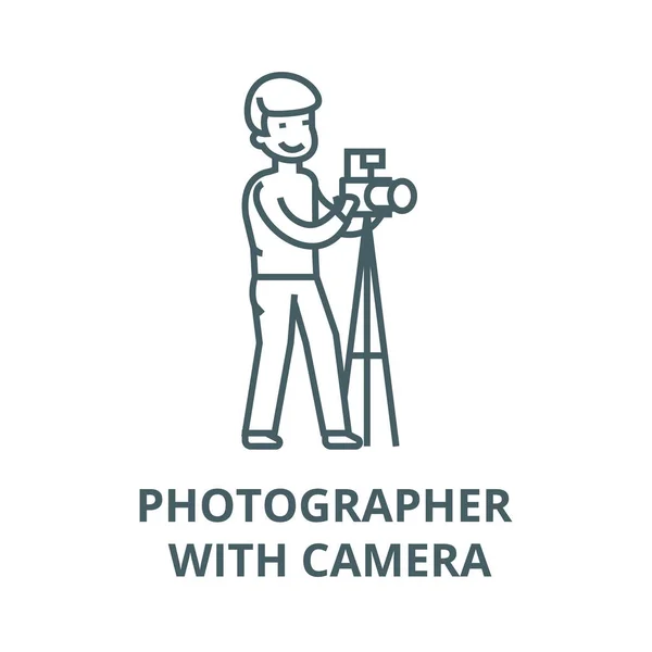 Fotograf s ikonou kamery a vektorové čáry, lineární koncept, značka osnovy, symbol — Stockový vektor