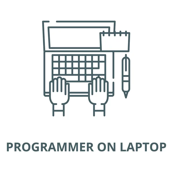 Προγραμματιστής στο εικονίδιο διανυσματικών γραμμών φορητού υπολογιστή, γραμμική έννοια, σύμβολο περιγράμματος — Διανυσματικό Αρχείο