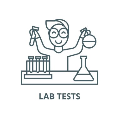 Okulda bilim, laboratuvar testleri vektör çizgi simgesi, doğrusal kavram, anahat işareti, sembol