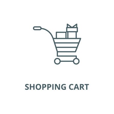 Hediyeler vektör çizgi simgesi, doğrusal kavram, anahat işareti, sembol ile Alışveriş sepeti