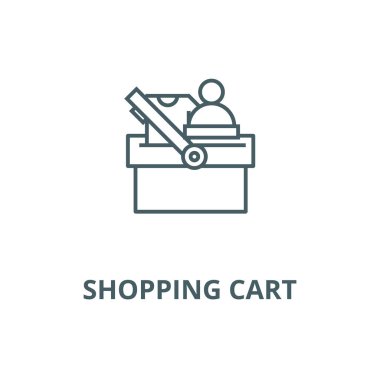 Giysi vektör çizgi simgesi, doğrusal kavram, anahat işareti, sembol ile Alışveriş sepeti