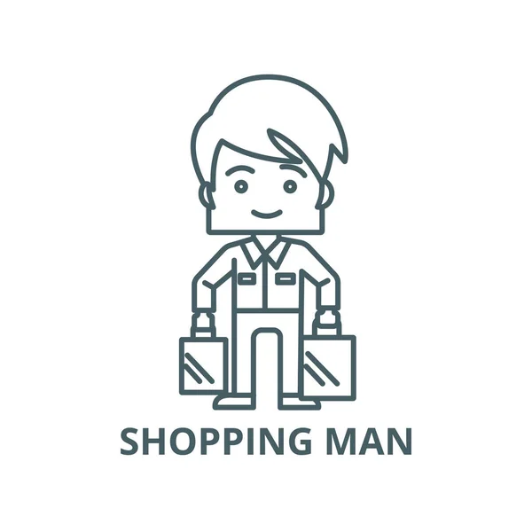 Shopping man prendendo borse icona della linea vettoriale, concetto lineare, segno di contorno, simbolo — Vettoriale Stock