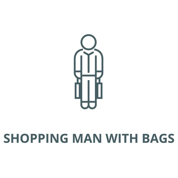 Shopping Mann mit Taschen Vektor Linie Symbol, lineares Konzept, Umrissschild, Symbol — Stockvektor