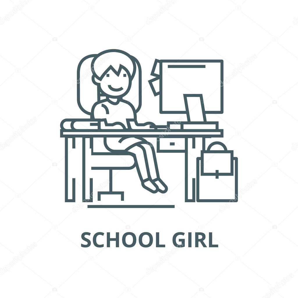 School girl on the table with computer,  vector line icon, linear concept, outline sign, symbol