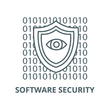 Yazılım güvenliği, anti virüs vektör satırı simgesi, doğrusal kavram, anahat işareti, sembol